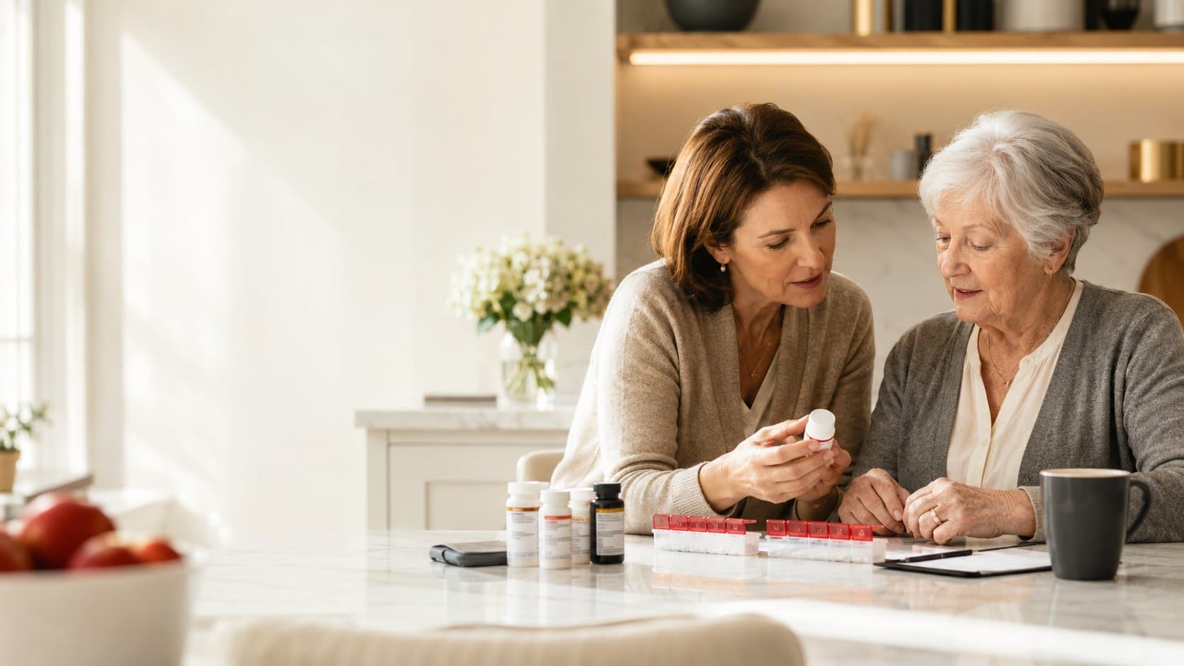 Adult daughter sitting with her senior mother at a kitchen counter sorting medications into a Fairview branded weekly pill organizer