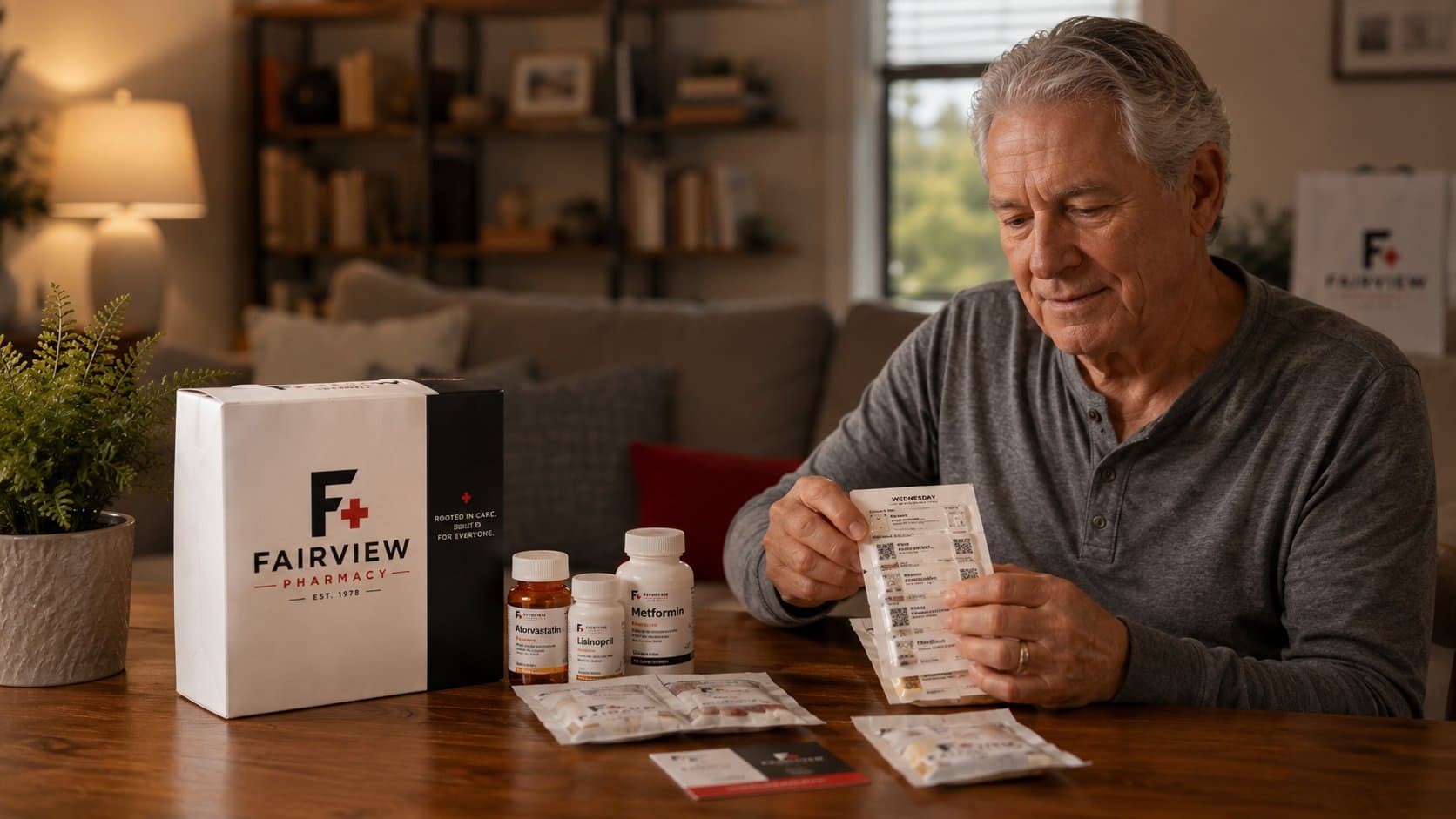 A Fairview pharmacist reviewing a chronic medication regimen with an older patient at the pharmacy counter