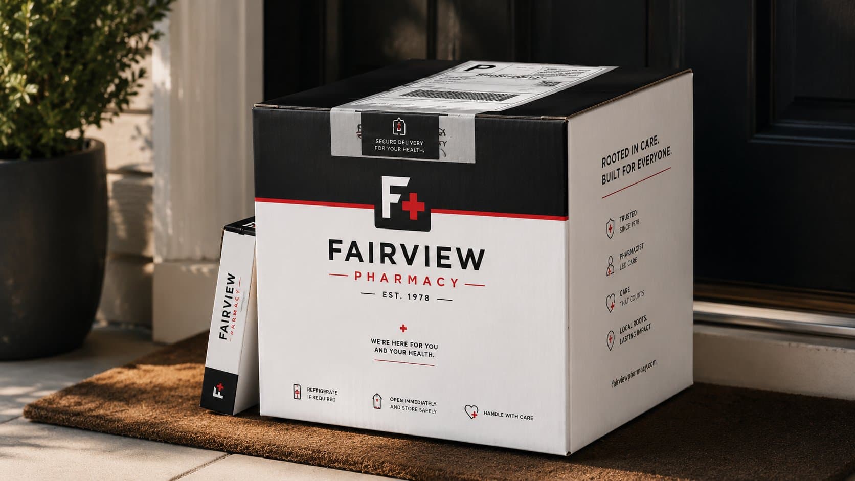 Branded Fairview Pharmacy delivery box on a residential doorstep with secure delivery seal and patient safety messaging