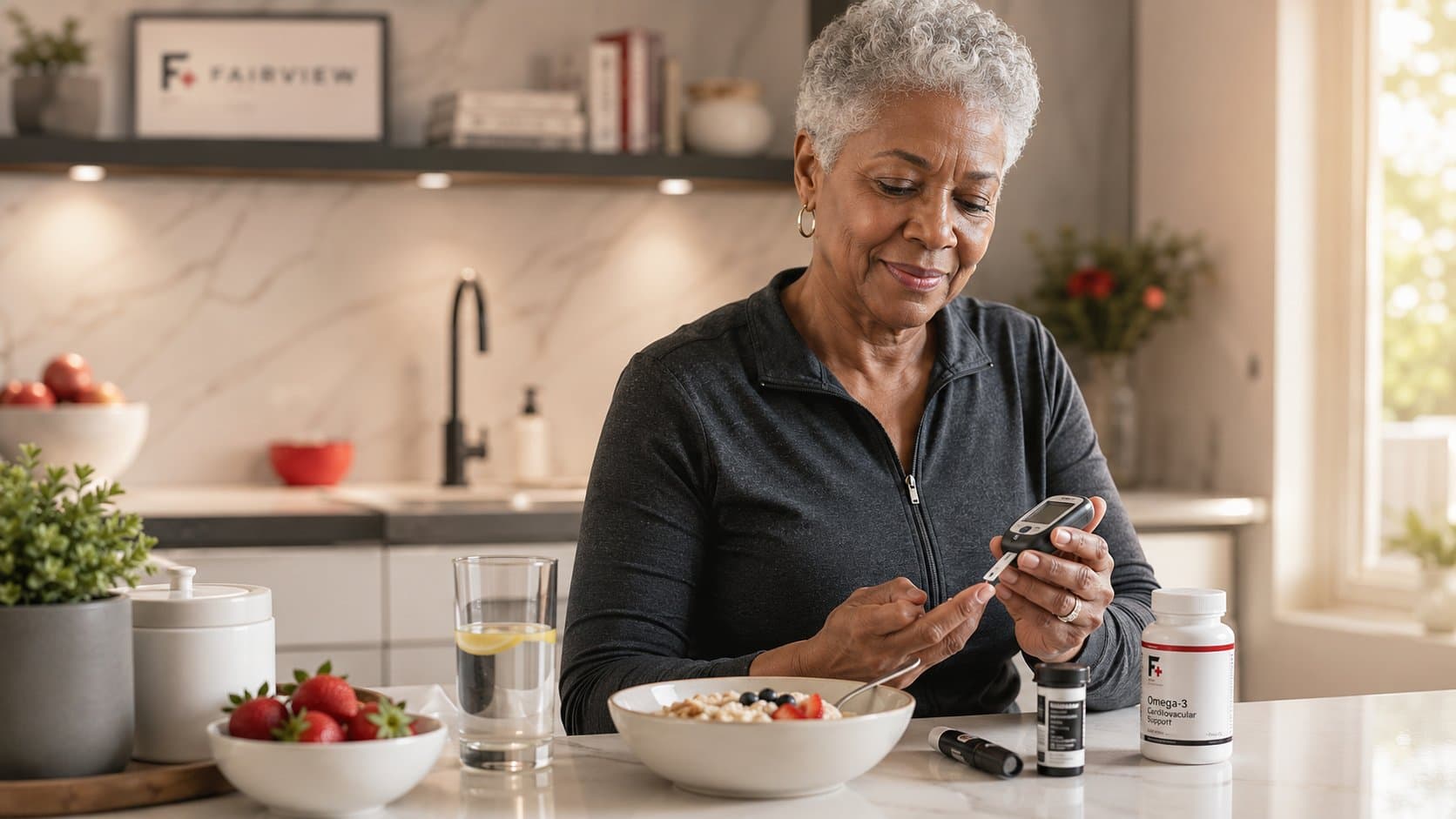 Fairview Pharmacist sitting with a patient at the counter reviewing a Diabetes Care Plan with glucose meter, pen needles, and Fairview branded supplies on the table