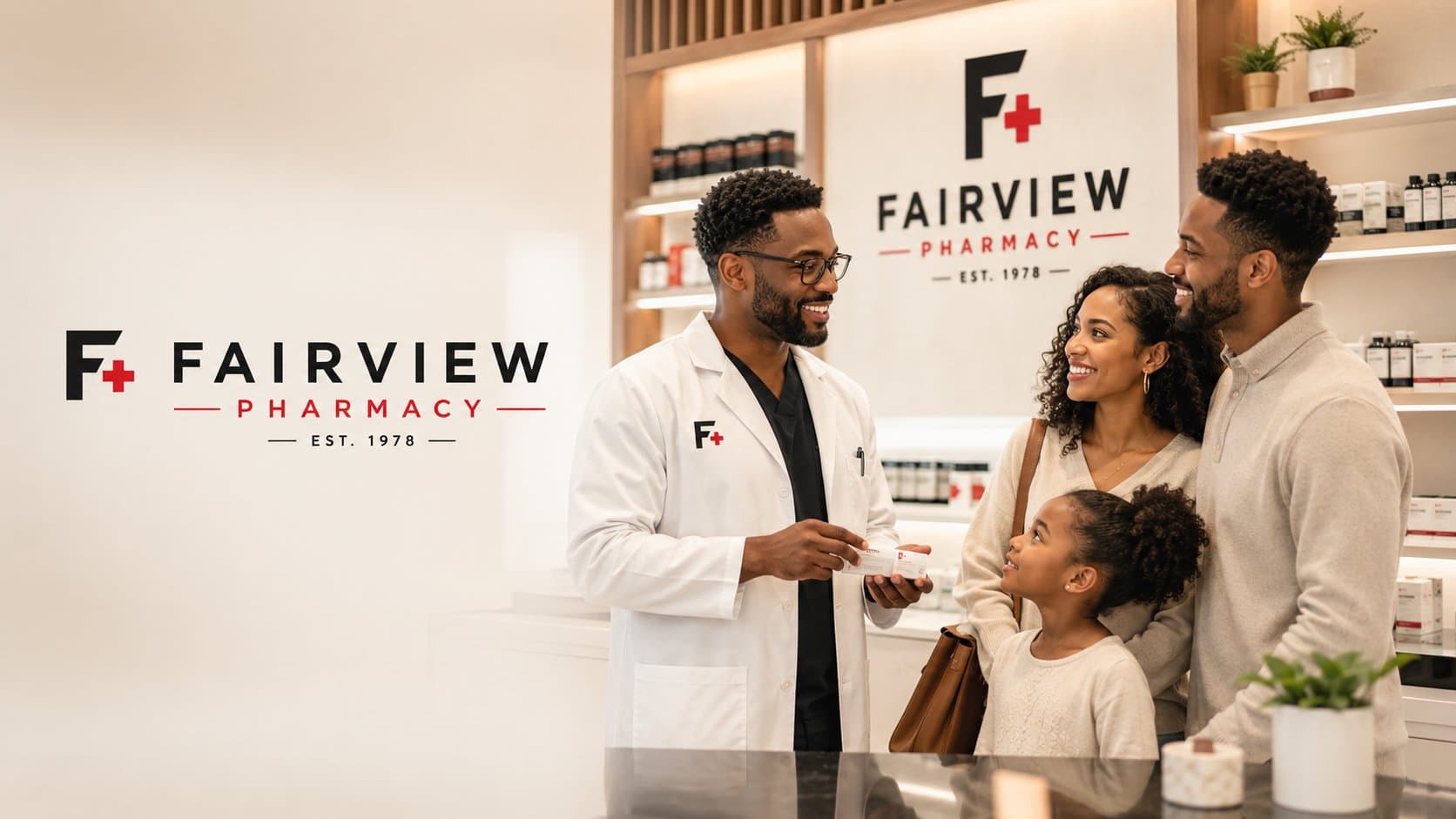 A Fairview Pharmacist greeting a family of parents and child at the counter, with the Fairview logo behind