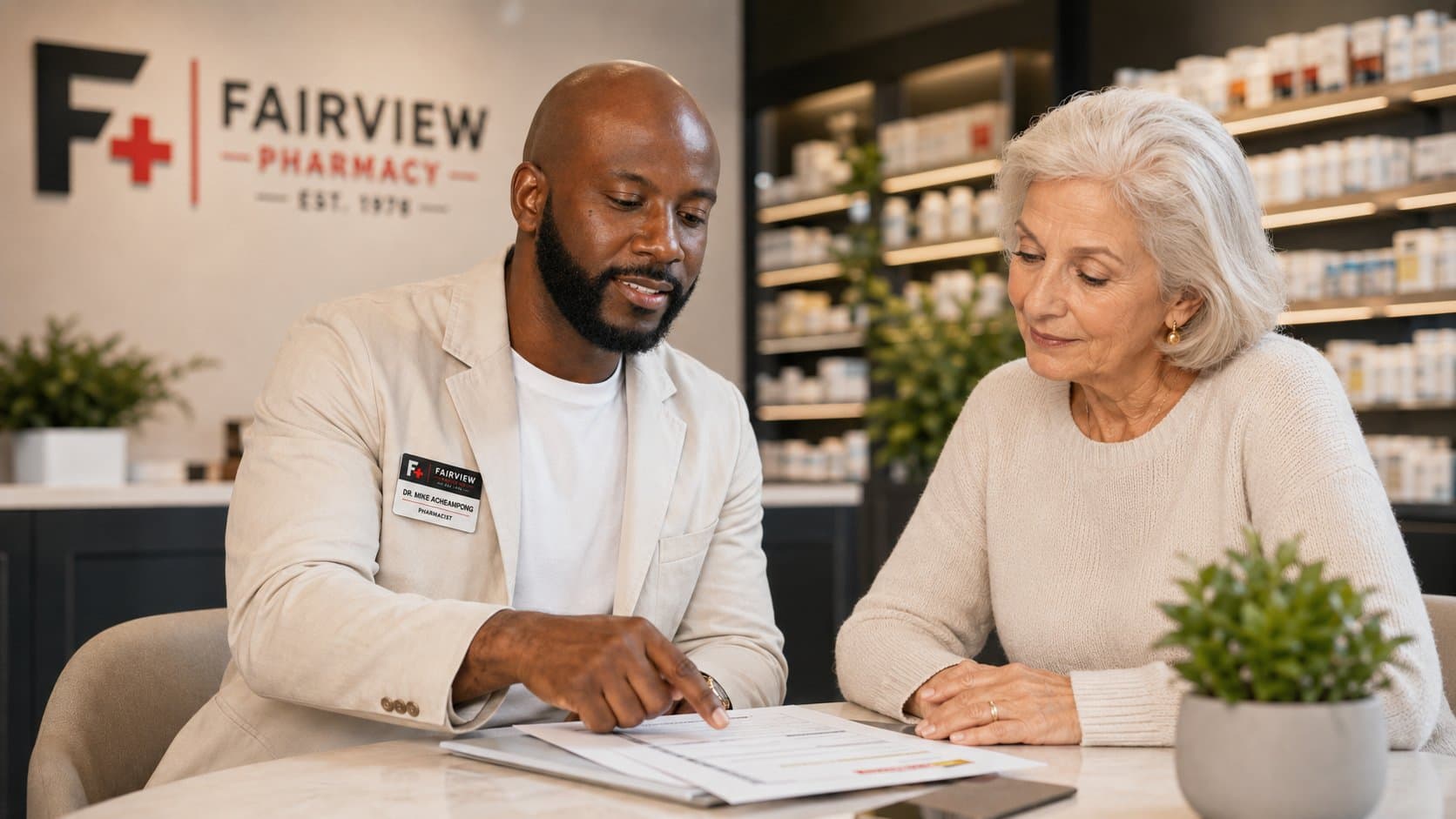 Dr. Mike Acheampong, PharmD, sitting with a senior patient reviewing insurance paperwork at the Fairview Pharmacy counter