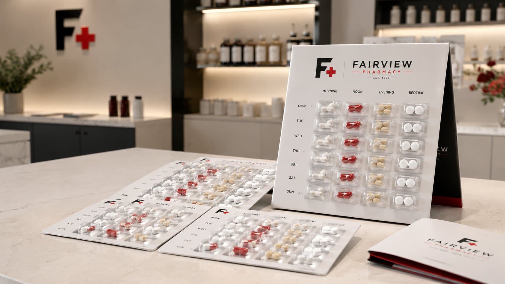 Fairview Pharmacy weekly adherence blister packaging cards organized by morning, noon, evening, and bedtime on a clean countertop