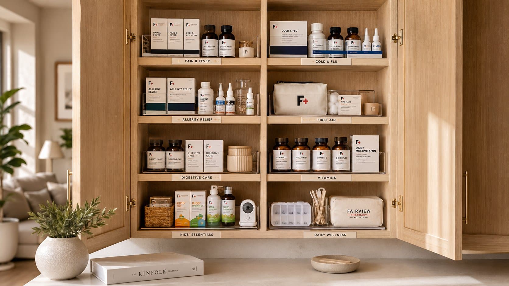 Fairview Pharmacy branded home medicine cabinet: organized shelves of pain and fever, cold and flu, allergy relief, first aid, digestive care, vitamins, kids essentials, and daily wellness products