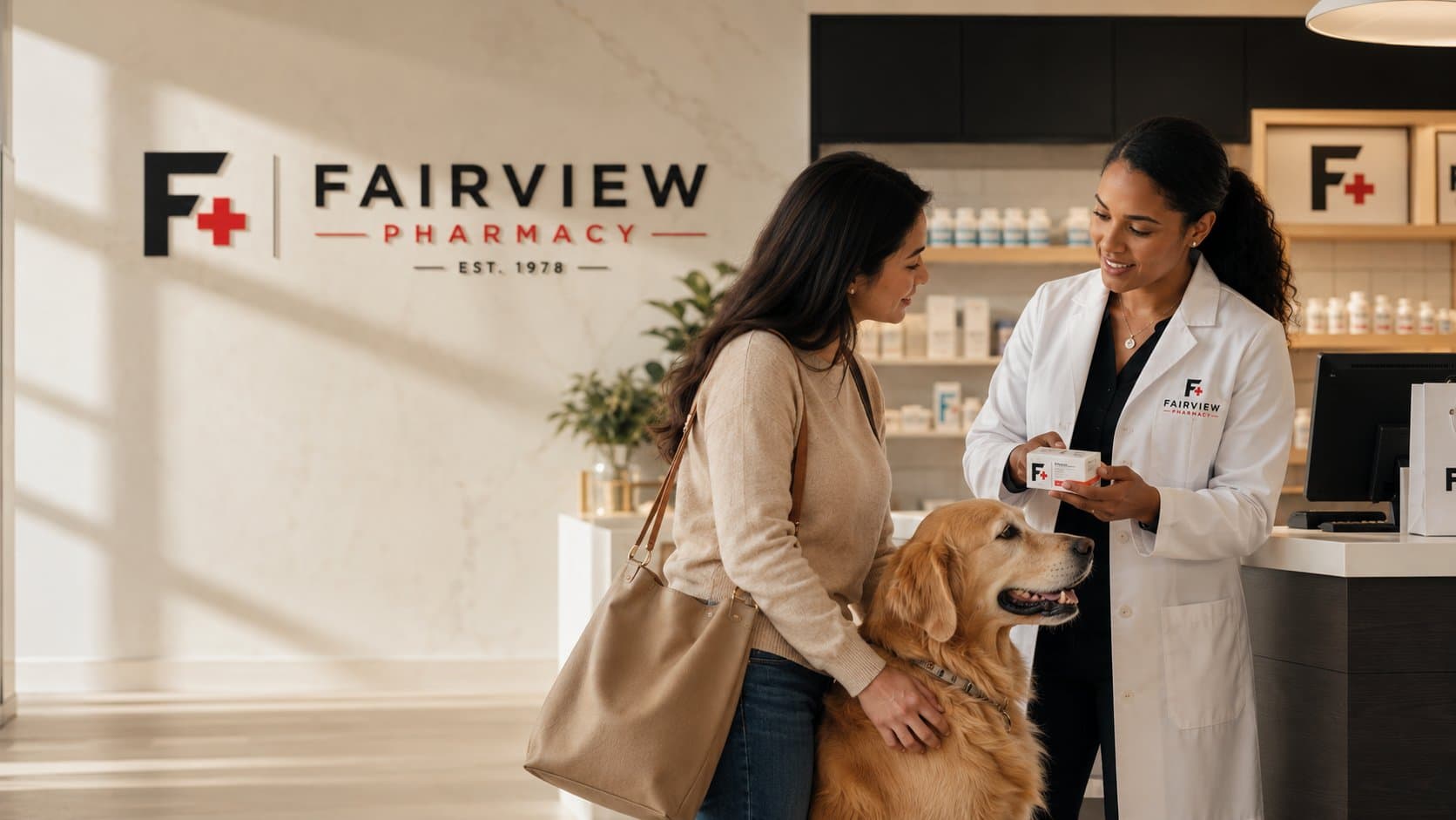 Fairview Pharmacist handing a pet medication to a patient with her golden retriever at the Fairview Pharmacy counter