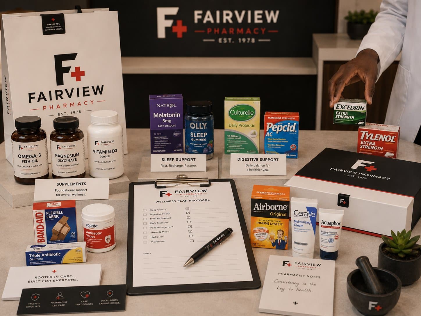 Fairview Pharmacy pharmacist-curated wellness system: supplements, sleep support, digestive support, immune support, and pharmacist notes laid out on a counter