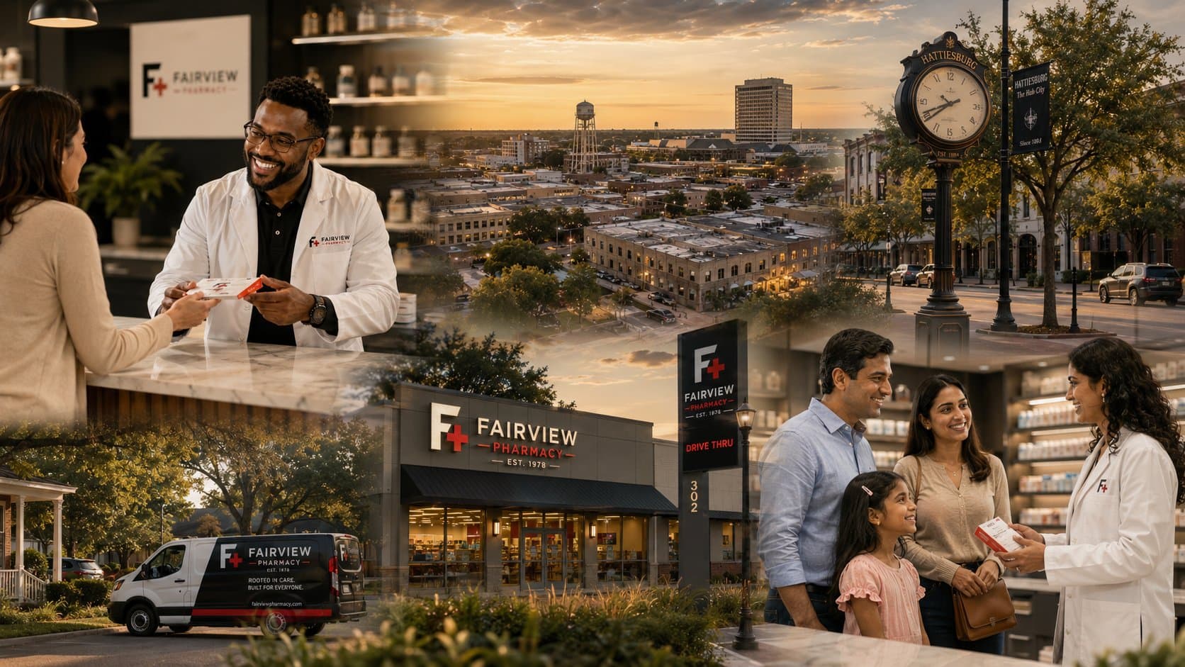 Fairview Pharmacy in Hattiesburg, the pharmacy storefront and delivery van set against the Pine Belt downtown
