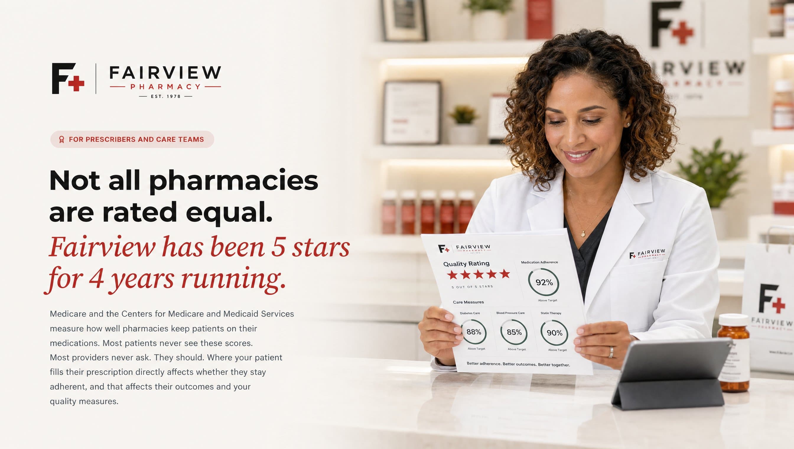 Fairview Pharmacy quality performance: a pharmacist reviewing a tablet showing the 97.2 percent cholesterol adherence card alongside the diabetes, blood pressure, and statin measure cards