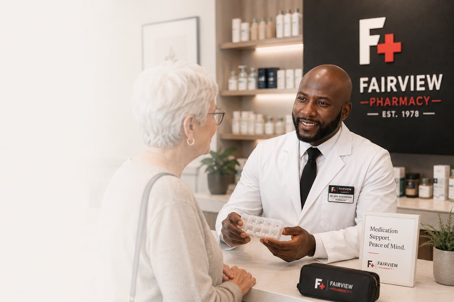 Dr. Mike Acheampong, PharmD, showing a Fairview Pharmacy pill organizer to a senior patient at the counter