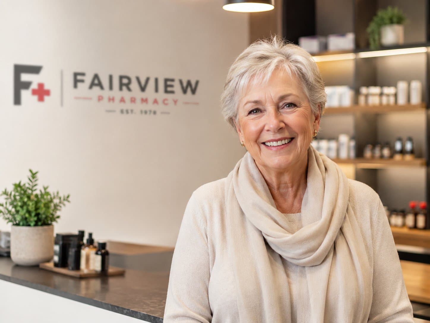 A senior patient smiling warmly at the Fairview Pharmacy counter, with the F+ Fairview Pharmacy logo and wellness shelves behind