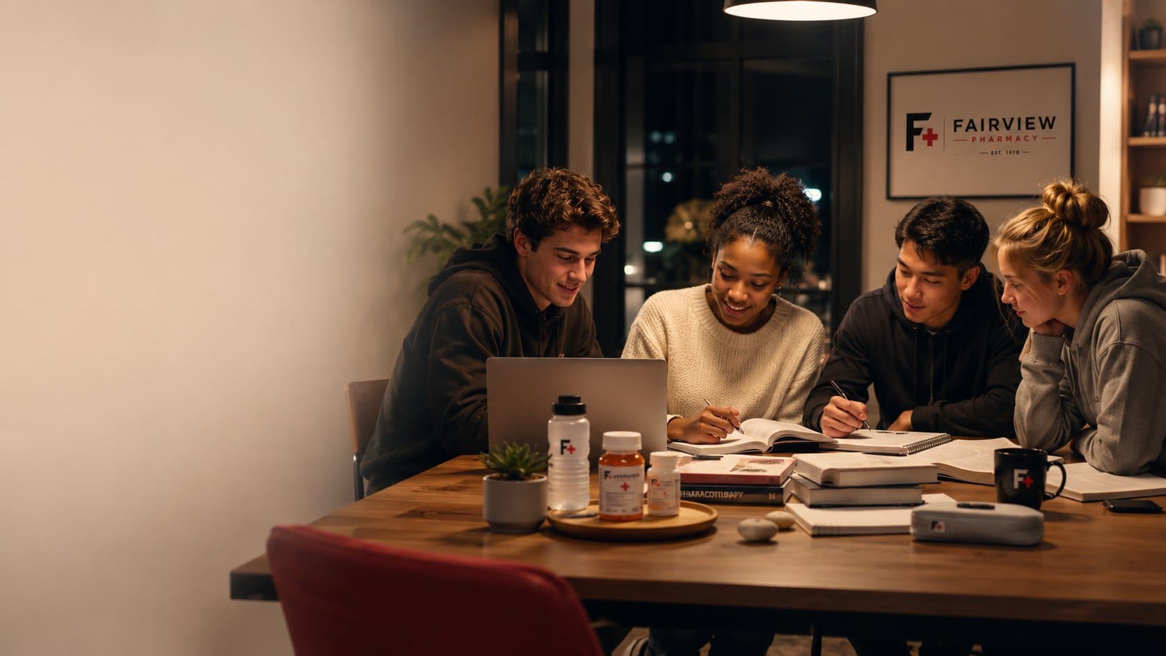 Four University of Southern Mississippi students studying together at a table with Fairview Pharmacy branded supplements and a pharmacotherapy textbook, F+ Fairview Pharmacy framed on the wall