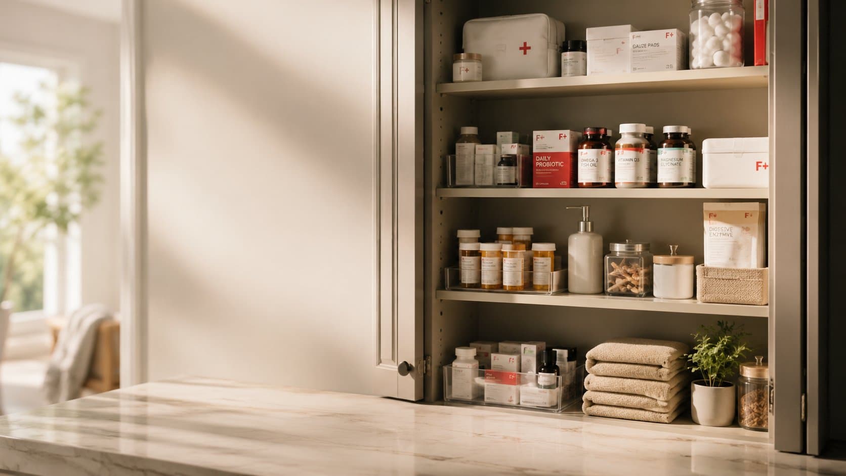 An older Fairview customer at home opening a Fairview subscription delivery of organized medication packaging