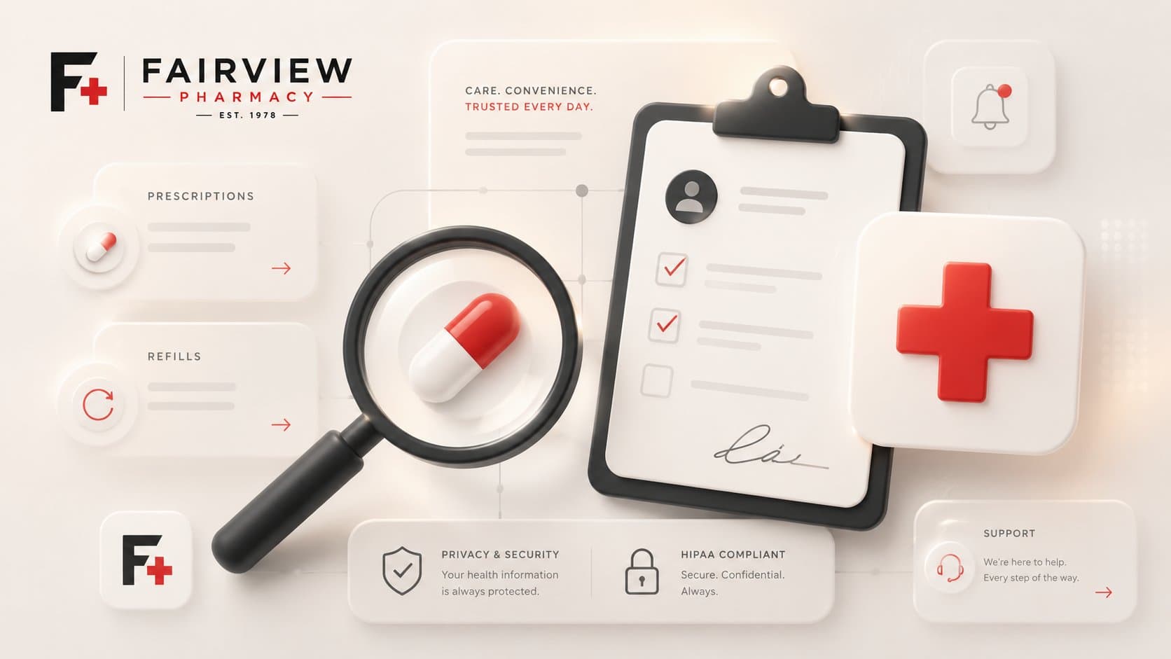 Fairview Pharmacy patient portal shown on tablet and phone: dashboard with upcoming medications, refill reminders, prescription status, and care team