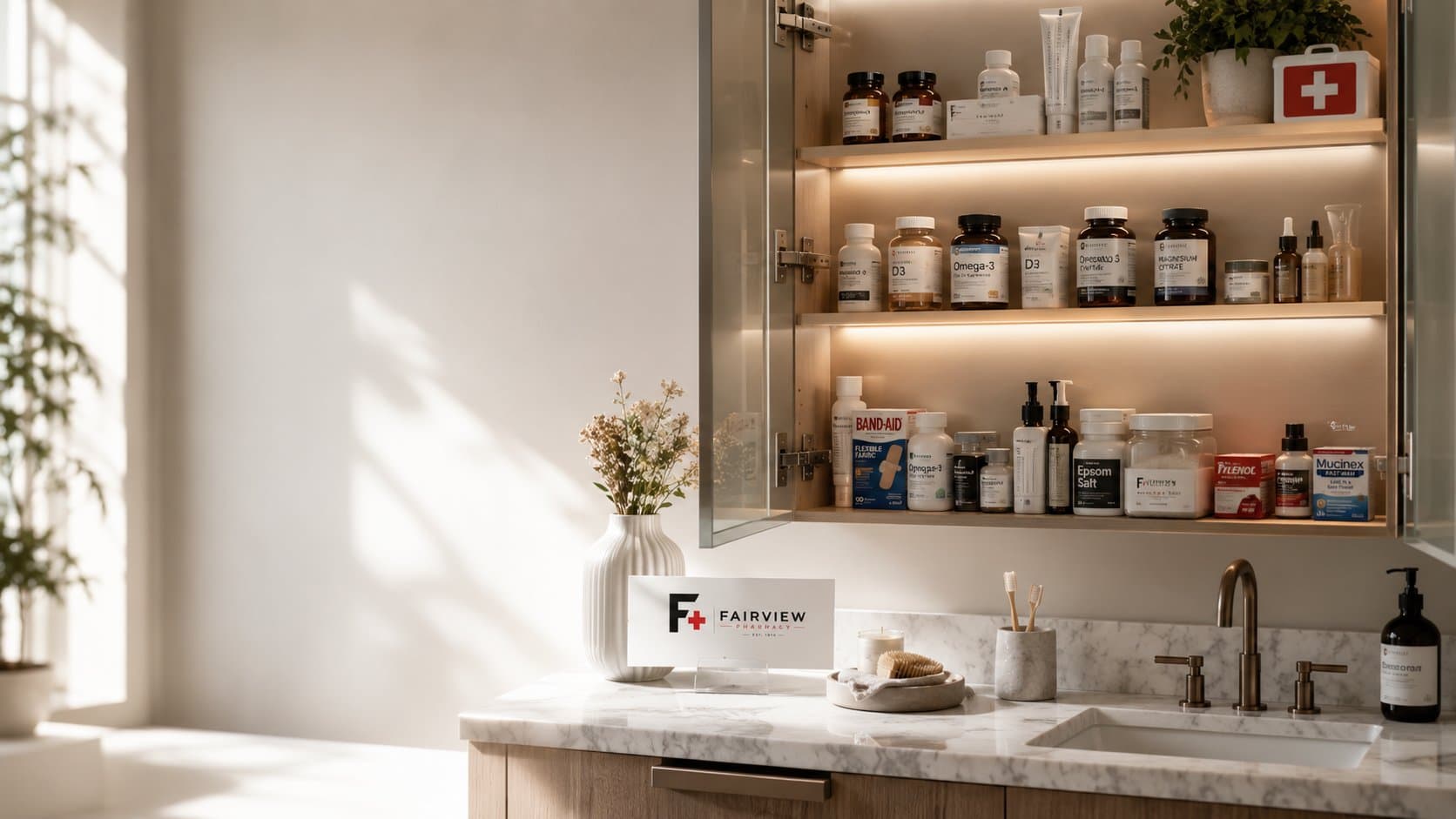 A sunlit medicine cabinet stocked with Fairview curated daily wellness supplements and everyday health essentials