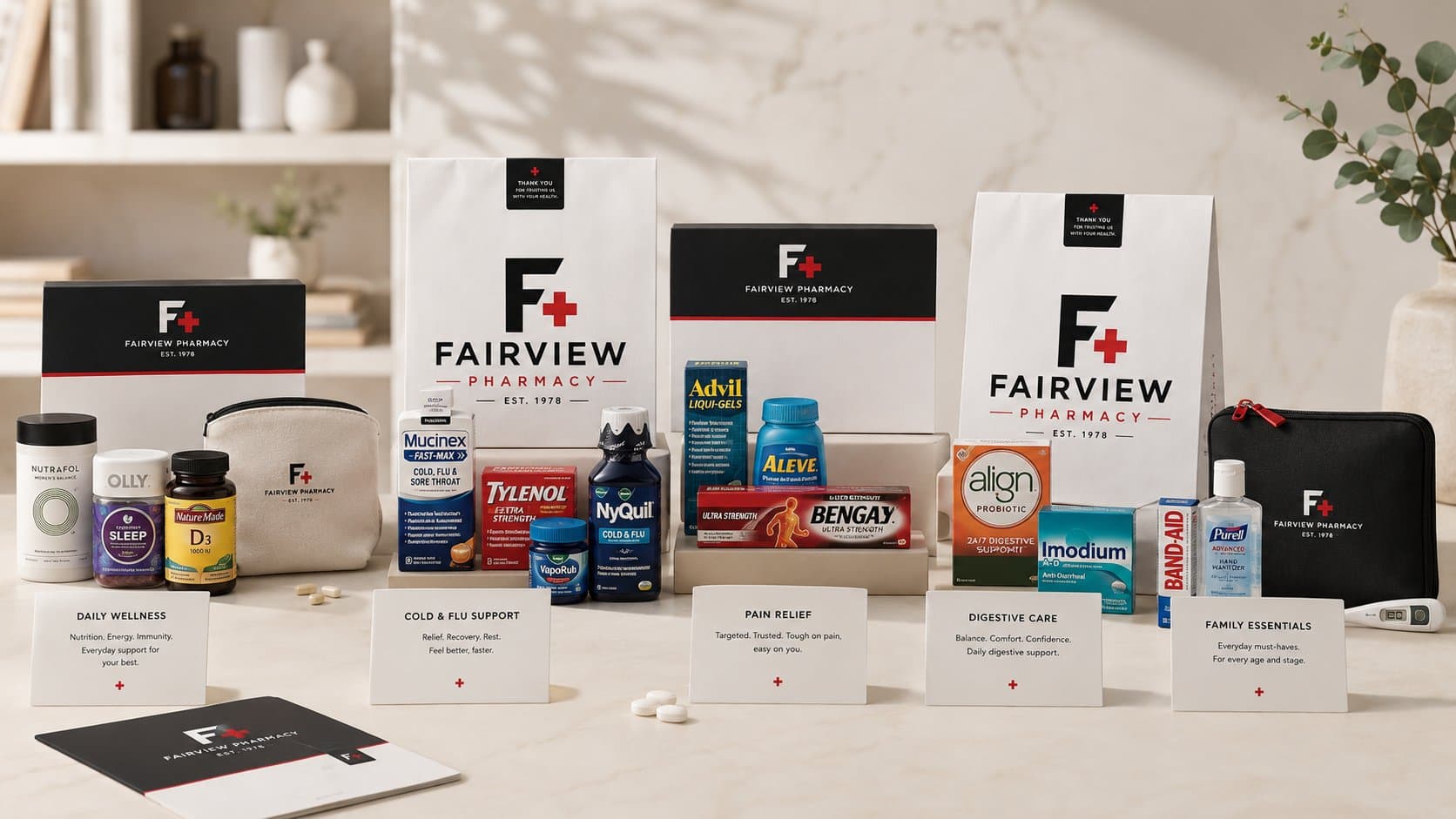 Fairview Pharmacy wellness kits collection: daily wellness, cold and flu support, pain relief, digestive care, and family essentials
