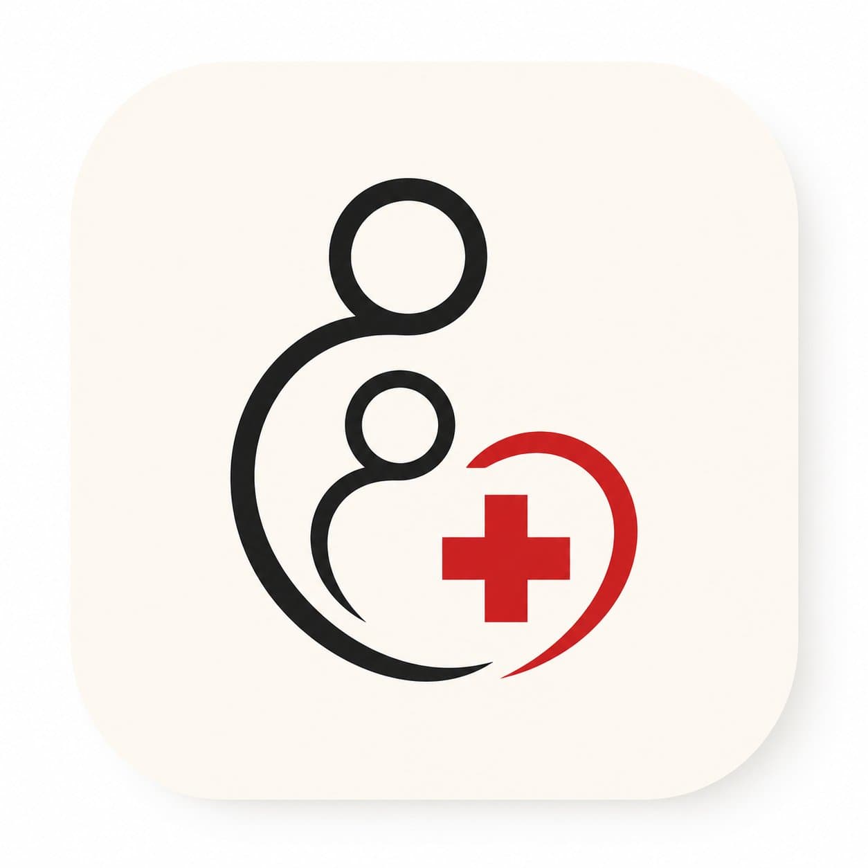 Fairview Pharmacy Busy Parents illustration: parent figure embracing a child with heart and medical cross emblem