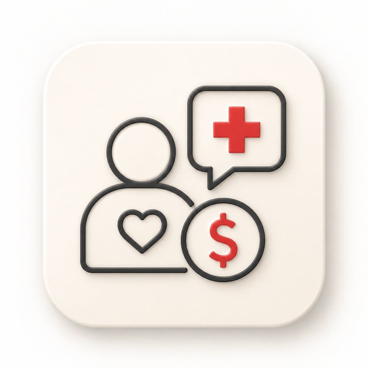 Fairview Pharmacy Cash Pay illustration: patient figure with heart and dollar sign with red medical cross speech bubble, representing transparent cash pricing