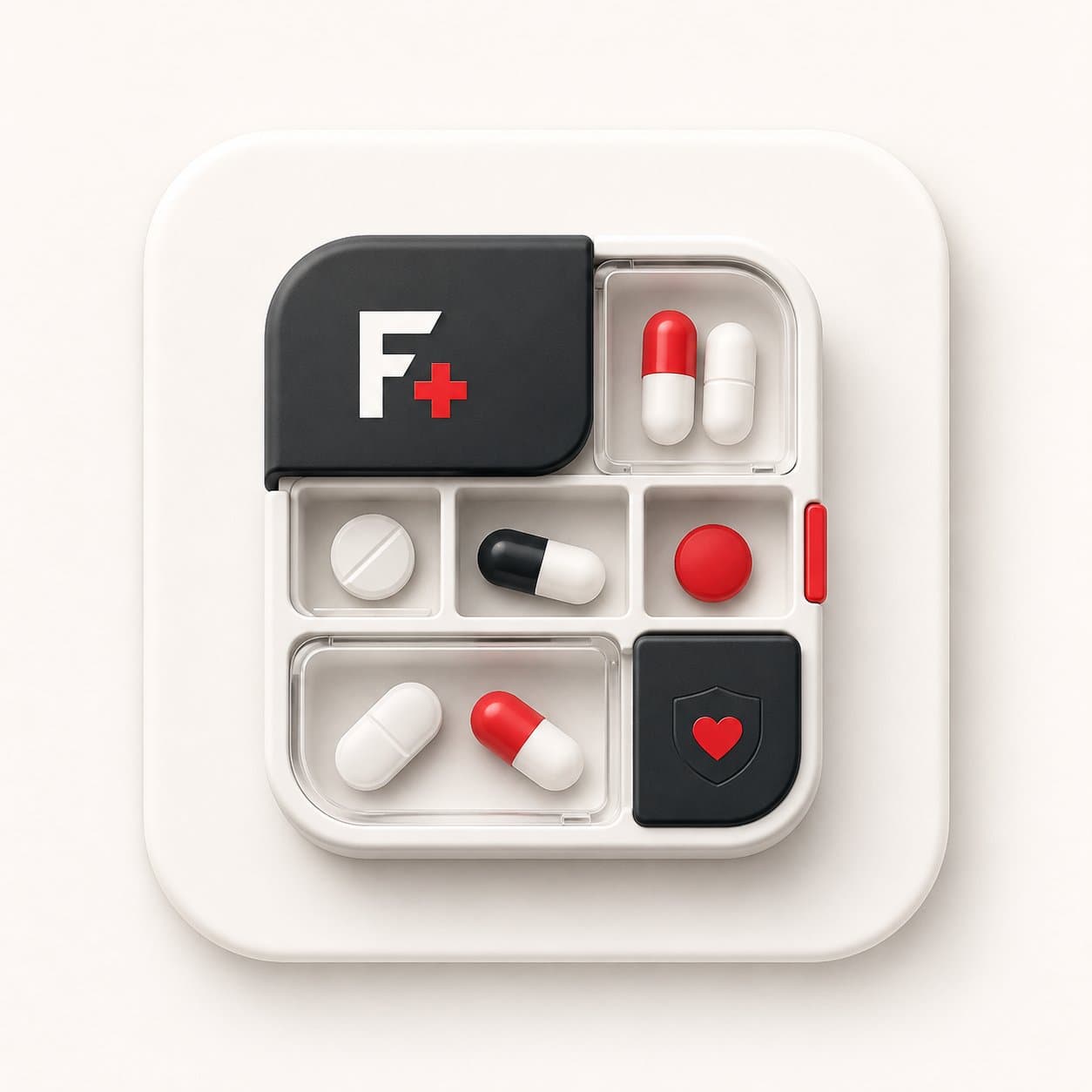 Fairview Pharmacy Chronic Care illustration: branded weekly pill organizer with F+ logo holding multiple capsules and tablets for chronic medication management