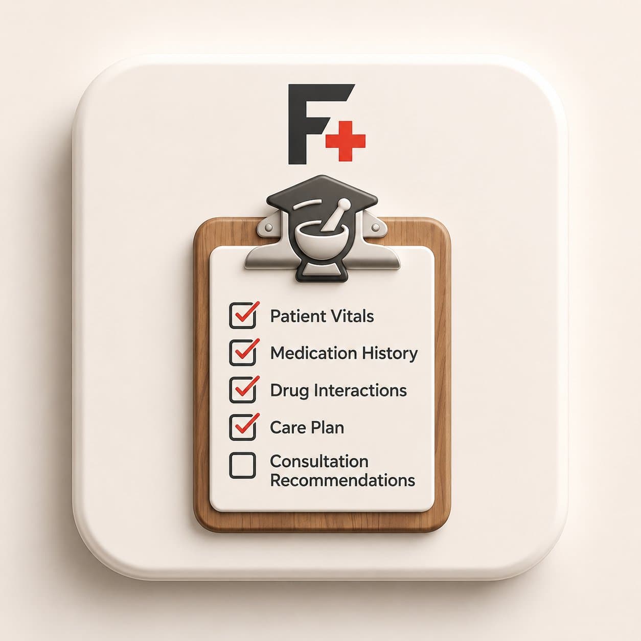 Fairview Pharmacy MTM consultation illustration: wooden clipboard with checked items for patient vitals, medication history, drug interactions, care plan, and consultation recommendations, capped with a pharmacist mortar and pestle emblem and the F+ Fairview logo