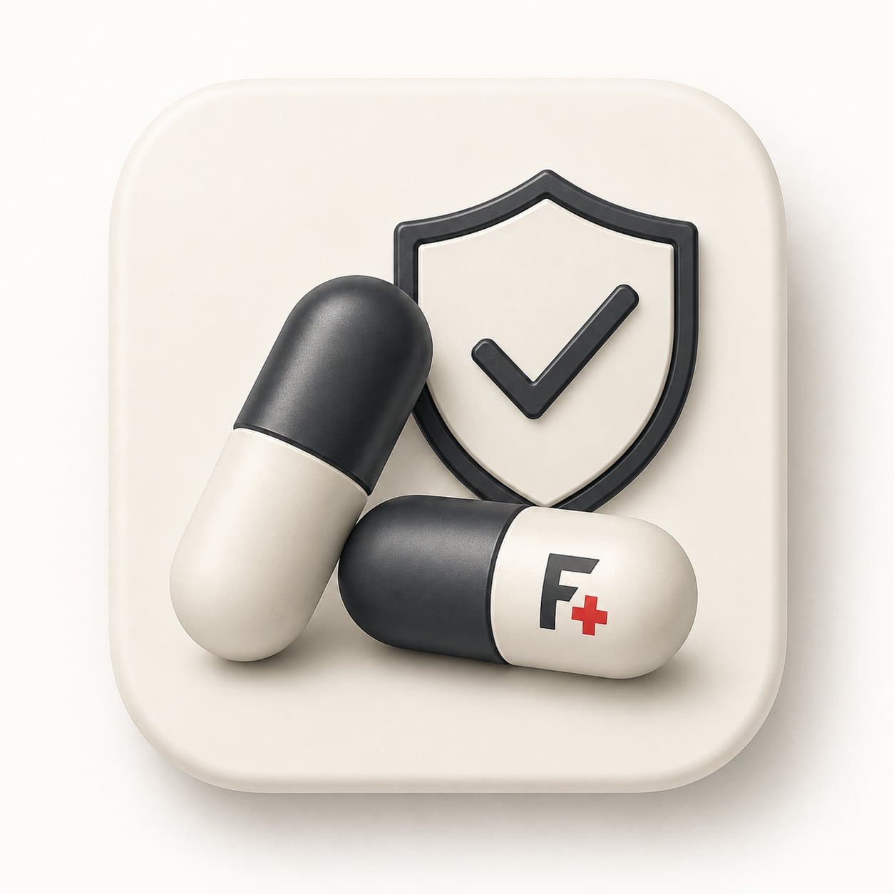 Fairview Pharmacy Drug Interaction Review illustration: two Fairview branded capsules with a verification shield and F+ mark