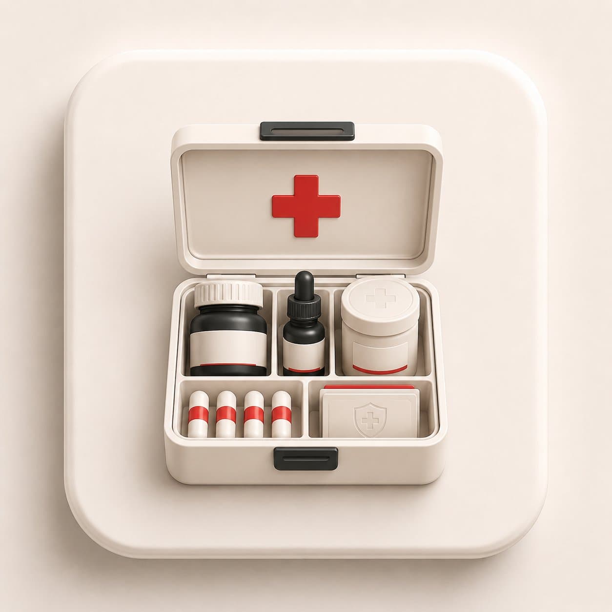 Fairview Pharmacy home medicine cabinet illustration: organized first aid box with Rx bottle, tincture dropper, supplement jar, capsules, and shield emblem