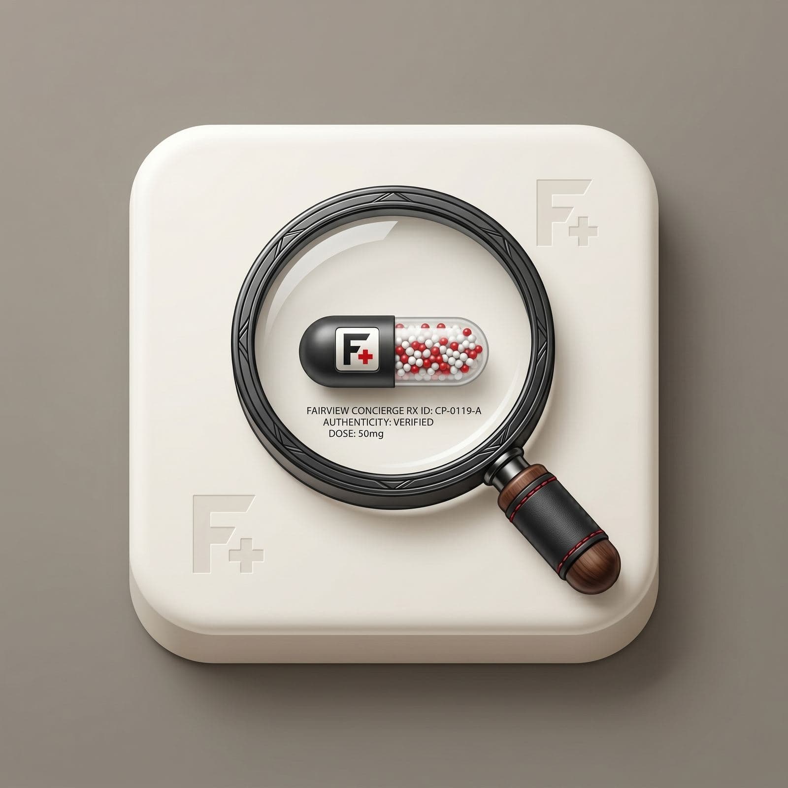 Fairview Pharmacy Pill Identifier illustration: magnifying glass over a capsule with verification label and dose readout
