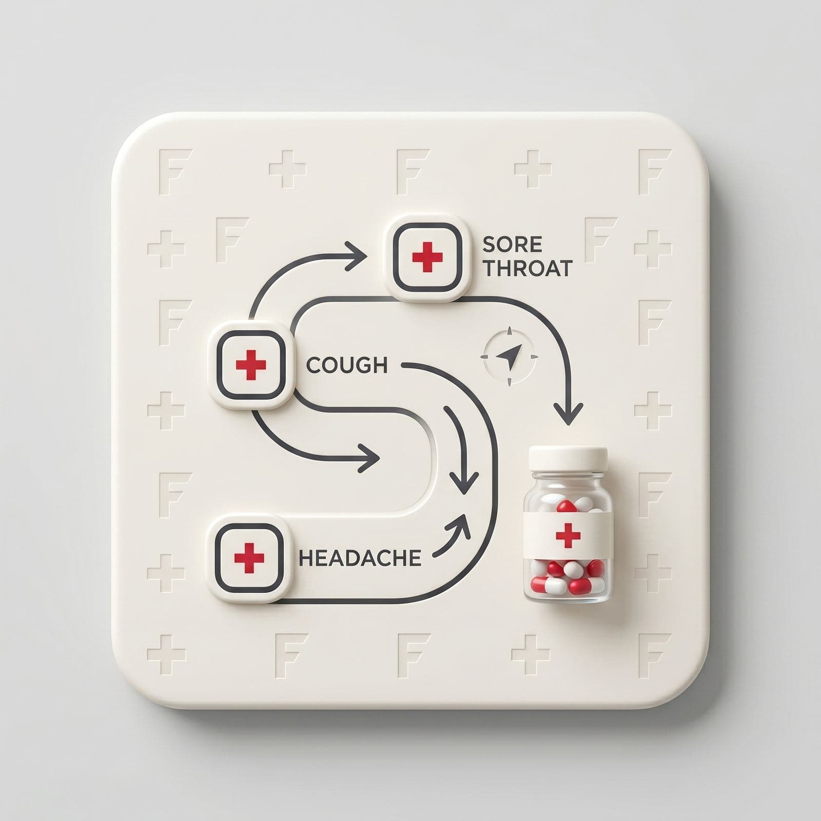 Fairview Pharmacy OTC Symptom Navigator illustration: cream tile with symptom nodes for sore throat, cough, and headache routing to a medication bottle