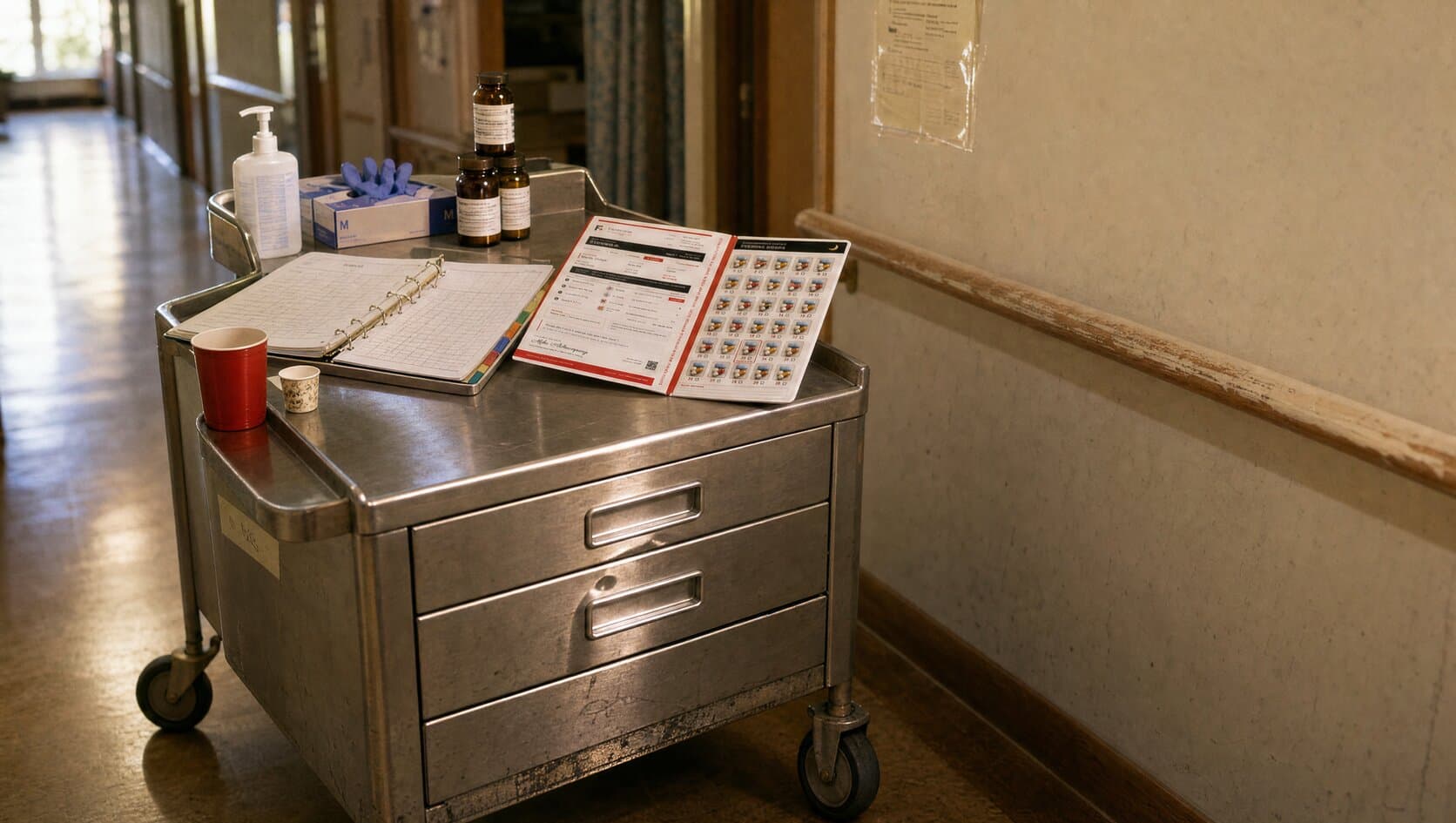 A stainless steel medication cart parked in a care home hallway mid pass, with a strip of labeled multi dose pouches, an open medication record binder, and dispensing supplies on top