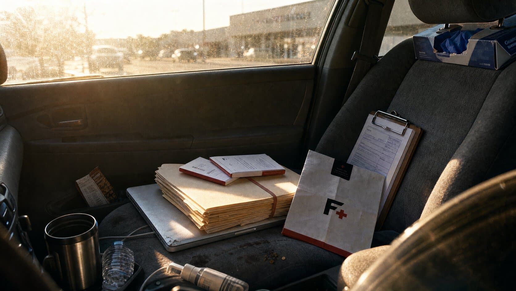 The passenger seat of a parked car in mid afternoon sun, holding a laptop, a clipboard of visit notes, a stack of patient folders, and a Fairview Pharmacy bag