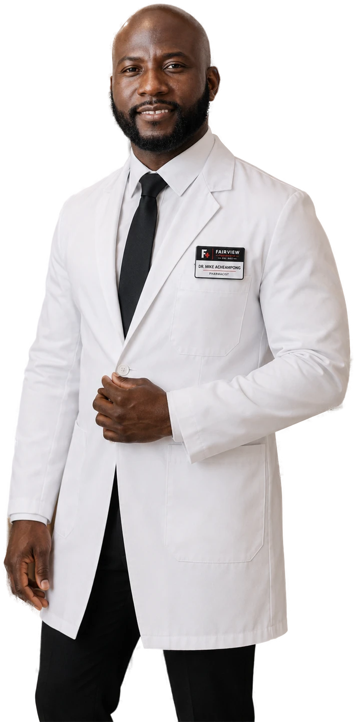 Dr. Mike Acheampong, PharmD, MPH, in his lab coat
