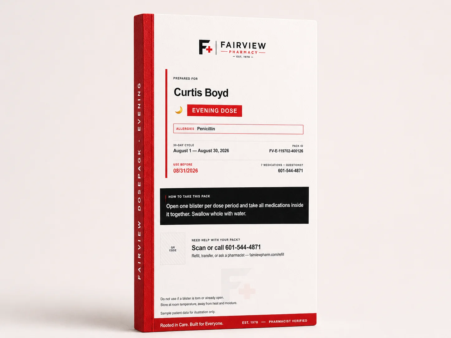 Personalized Fairview Pill-Pack cover with the patient name and pharmacist verification