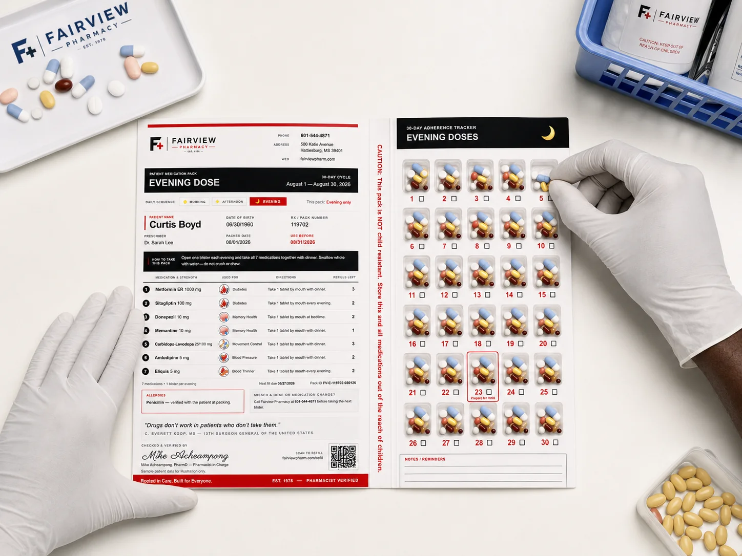 A Fairview pharmacist checking and organizing a patient-specific Pill-Pack